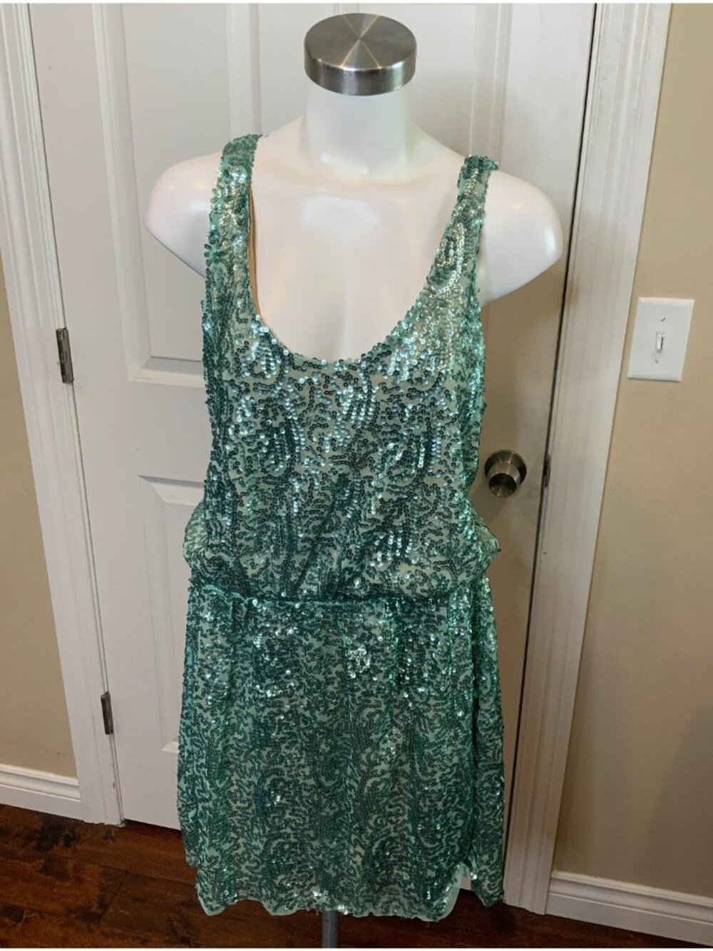 Dress the Population Turquoise Blue Sequin Mini Dress, Size L, NWT!